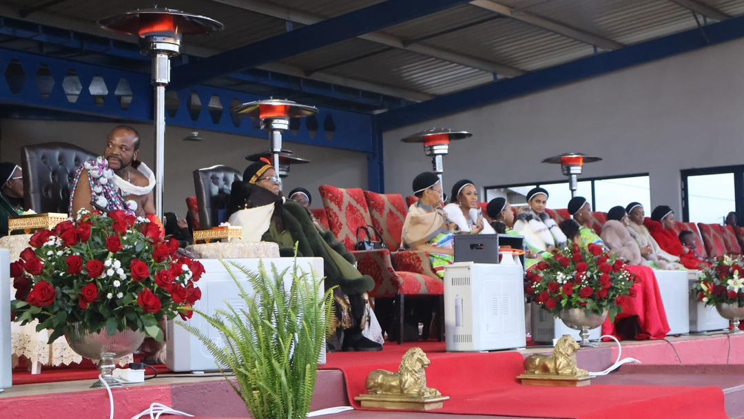 His Majesty King Mswati III with the Indlovukazi, while on the right are Emakhosikati watching  the ongoing Shiselweni Umhlanga at Mbangweni Royal Residence yesterday. 